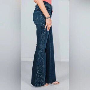 Judy Blue Mid Rise Rhinestone Side Panel Detail Flare Jeans